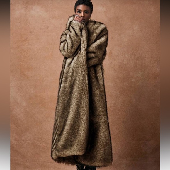 Vintage Style Luxury Faux Fur longline Coat Chocolate Brown tan - Picture 8 of 11